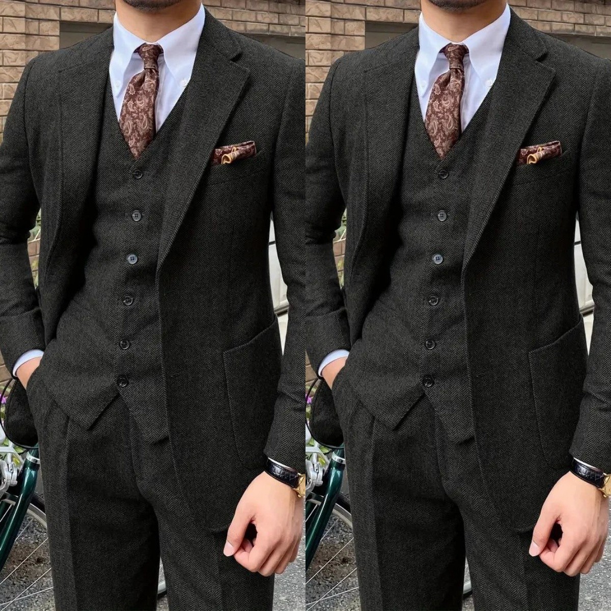 Black Tweed Men's Suit Warm Winter Tuxedo Jacket Offical Business Formal 3Pcs