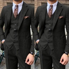 Black Tweed Men's Suit Warm Winter Tuxedo Jacket Offical Business Formal 3Pcs