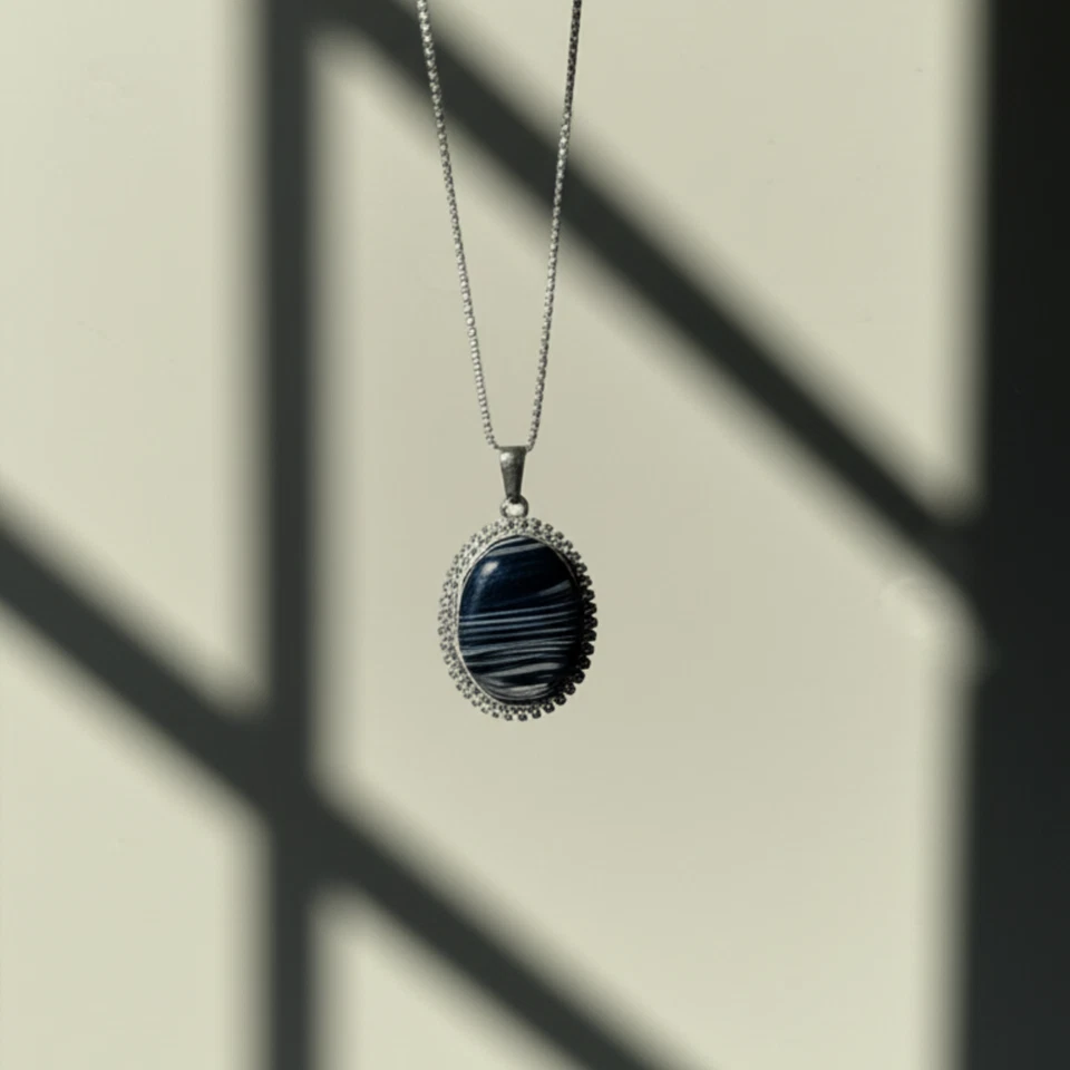 Natural Black Agate Silver Pendant | Handmade Oval Necklace with Free Chain - Image 4 of 4