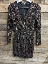 Quiz Ladies Gold Sparkly Long Sleeve Mini Party Dress, size 6 