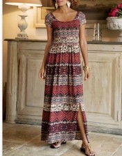 Soft Surroundings SZ L Maxi Dress Long Cap Sleeve Slit Stretch Beach Vacation