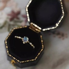 Vintage Blue Moonstone 925 Gold Plated Sterling Silver Retro Dainty Women Ring