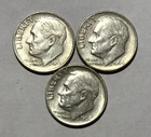 Lot of (3) Three Roosevelt Dimes - 90% Silver - All 3 are 1964 P - Very Nice