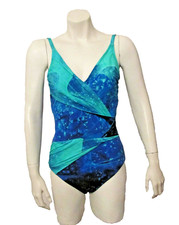 Gottex Blue WaterPrint One Piece Wrap Look V-Neck Swimsuit US 8 Tummy Control