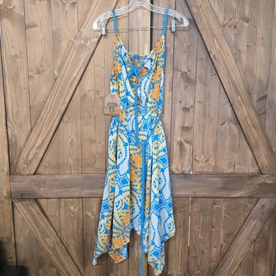 Route 66 Women s XL Sleeveless Dress Blue Yellow Abstract Asymmetrical NWT