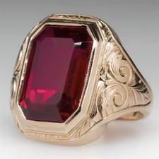 Estate 18K Yellow Gold Over Red Ruby Geometric Men Finger Ring Luxury Party 8-17