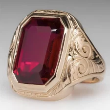 Estate 18K Yellow Gold Over Red Ruby Geometric Men Finger Ring Luxury Party 8-17