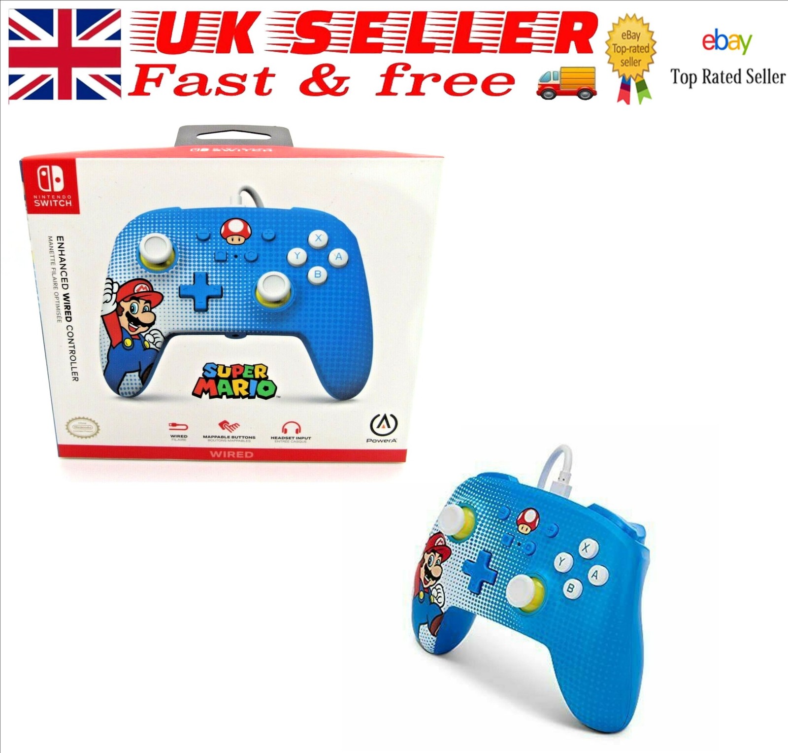 PowerA NINTENDO Switch Enhanced Wired Controller - Blue Mario Pop NEW BOX SEALED