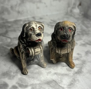 Vintage Dog Figurine St. Bernard Beer Barrel 2.5” Tall Vtg Gray Brown Set Of 2