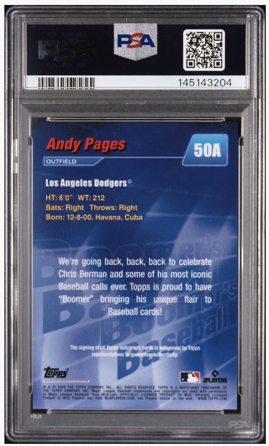 2024 Topps x Boomer's Best 50A Andy Pages RC Purple Auto /25 Dodgers 💎 PSA 10 view 2