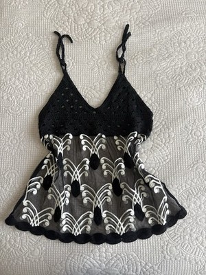 Black Crochet Lace Sheer Camisole Top with Floral Pattern