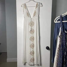 O’NEILL Maxi Sundress XSmall Boho Grecian White Pink Embroidered V-Neck