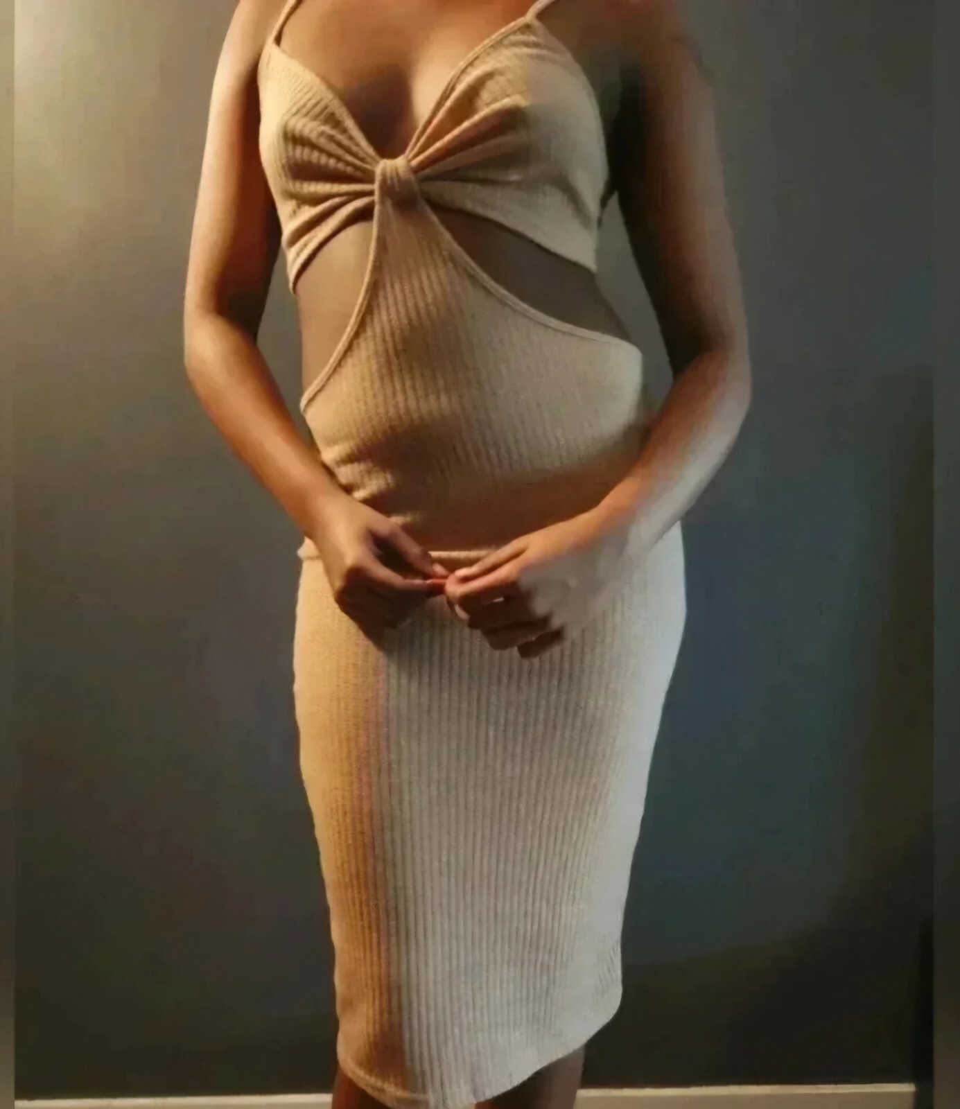 Shein Womens Sexy Ribbed cutout Midi knit dress Beige size large