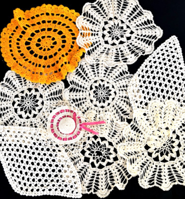 VTG '60s LOT Handmade Crocheted Doilies 9 Pieces Boho MCM Crafts Sewing Large Sz