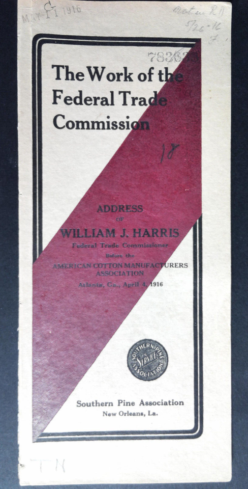 Federal Trade Commission Address William J Harris Atlanta Georgia 1916 ...