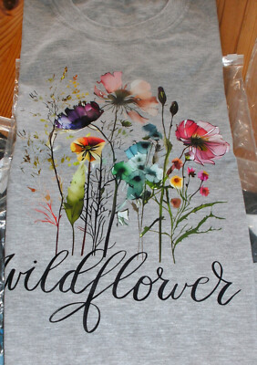 Neues Damen T-Shirt grau 100% Baumwolle m. Aufdruck ''Wildflower''; Gr. L