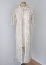 Vtg 60s sheer cream lace nylon lined peignoir robe collar tie open front M
