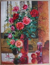 Ukrainian Soviet oil Painting impressionism Still Life red roses flowers peach