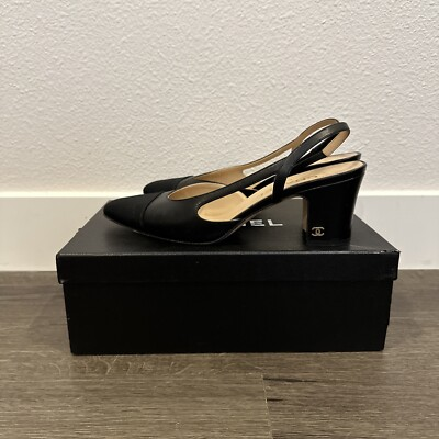 #ad Size 38.5 CHANEL Goatskin Grosgrain Cap Toe CC Slingback Pumps Black $1300 $1100.00
