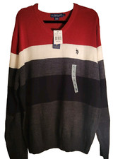 U.S. Polo Assn Men's Red Gray Black V-Neck Striped Pullover Sweater Size XL NWT