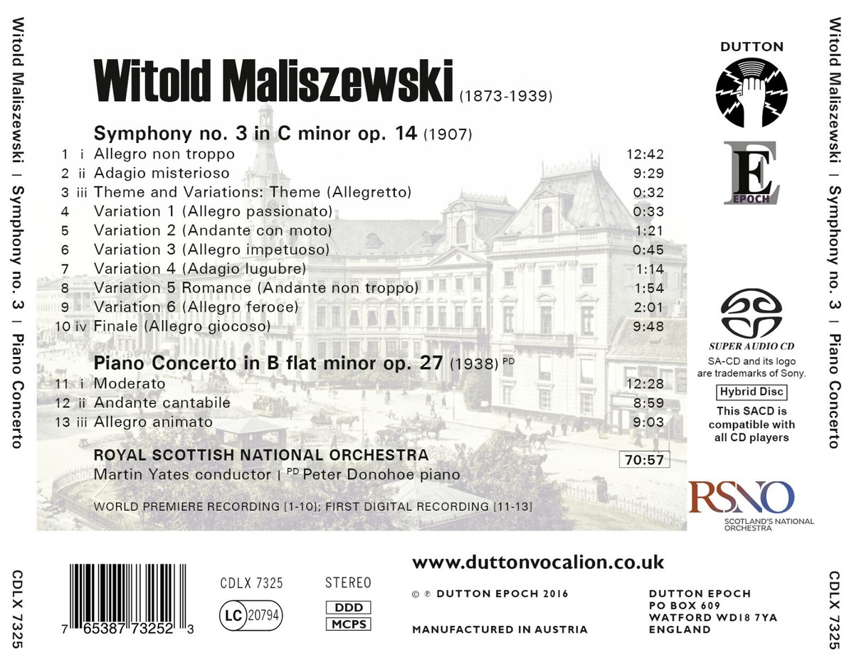 クラシック CD FLAT MINOR/SYMPHONY NO. 3// MARTIN YATES MALISZEWSKI/ PIANO CONCERTO  CDLX7325  /00110 Witold Maliszewski, Martin Yates, Peter Donohoe, Royal