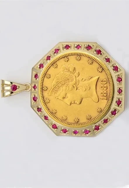 Liberty Coin 2.50Ct Round Lab-Created Ruby Pendant 14K Yellow Gold Plated Silver - Image 2 of 4