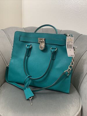  MICHAEL KORS HAMILTON LARGE NS AQUA SAFFIANO LEATHER SILVER TOTE BAG PURSE NWT