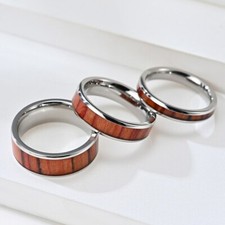 4MM/6MM/8MM Silver Band Men Women 316L Stainless Steel Wood Inlay Ring Size 6-12