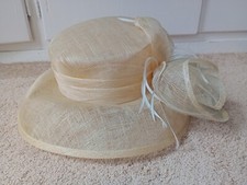 KaKyCo Sinamay Wide Brim Derby Wedding Party Church Hat Tan Beige Summer Feather