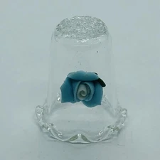 Clear Glass Thimble w/ Blue Porcelain Rose & Scalloped Bottom