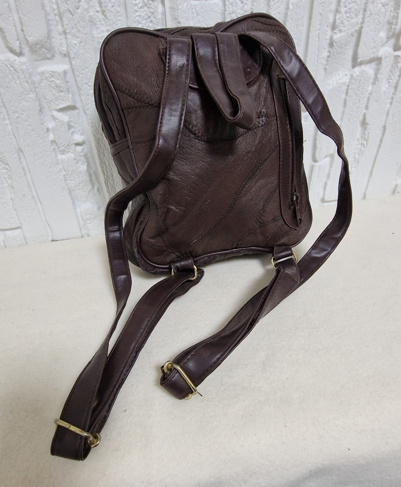 Vintage Brown Leather Patchwork Backpack Multi-Po… - image 4