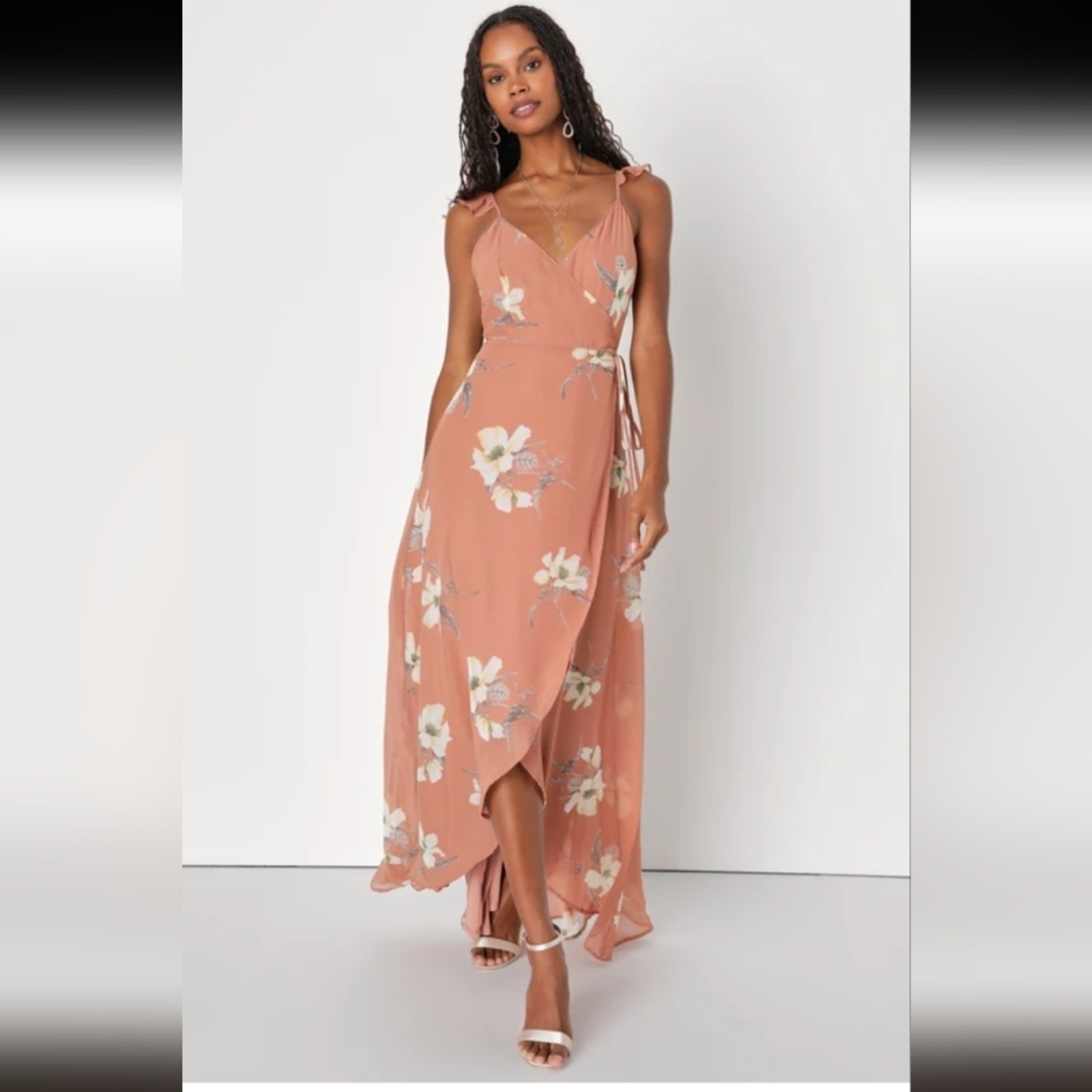 Lulus All Mine Rusty Rose Floral Print High-Low Wrap Dress Size Medium Flirty