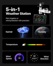 5-in-1 Wireless Weather Station with 7.5" Display and Indoor Outdoor Thermometer