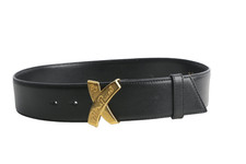 Vintage 80S Paloma Picasso Black Leather Gold Belt Brass Signature Buckle XS 65