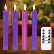 Flameless Advent Candles 4PK LED Taper Remote Timer Pink Purple Drip Wax Design
