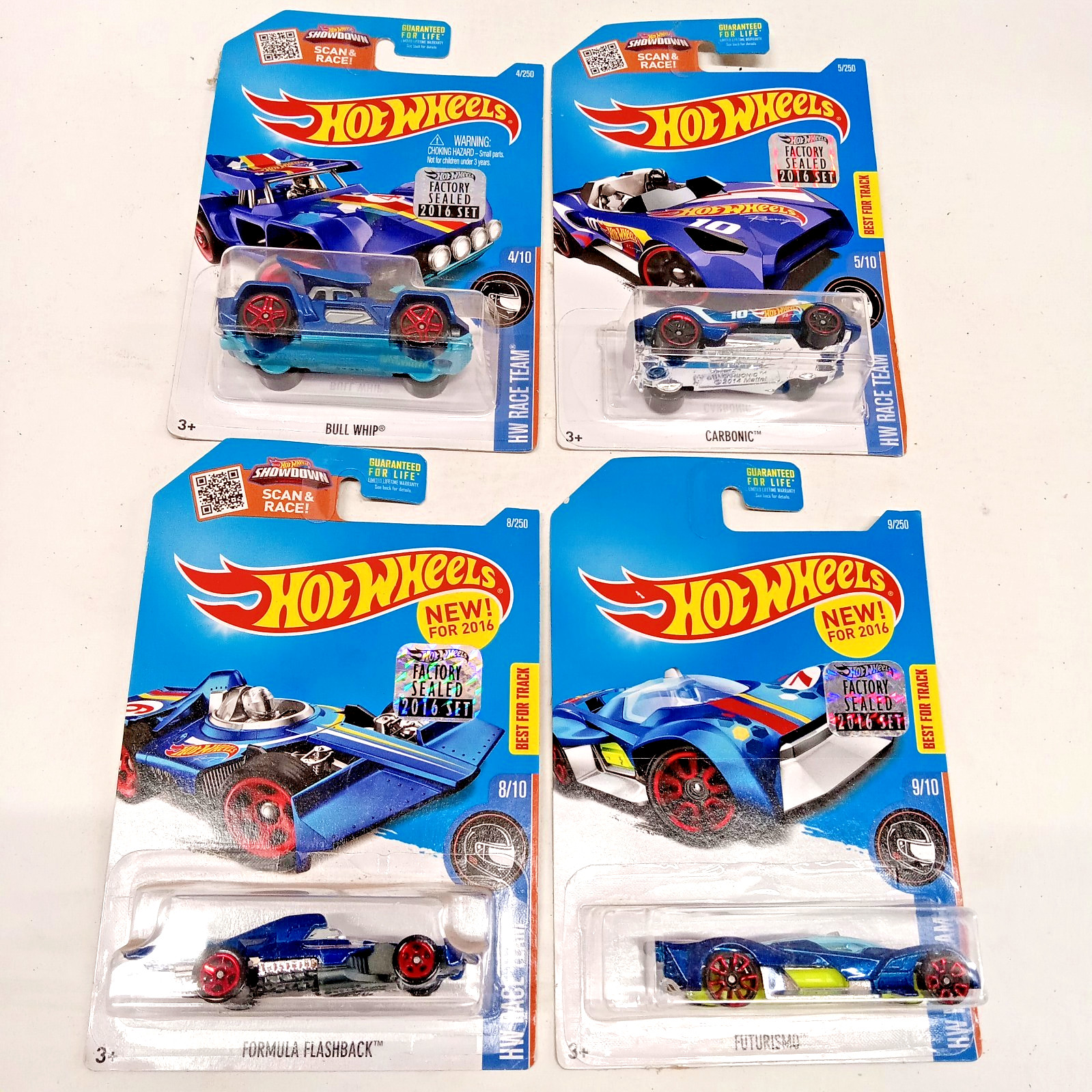 4 HOT WHEELS 2016 FACTORY SEALED SET CARD BULL WHIP CARBONIC FORMULA FUTURISMO