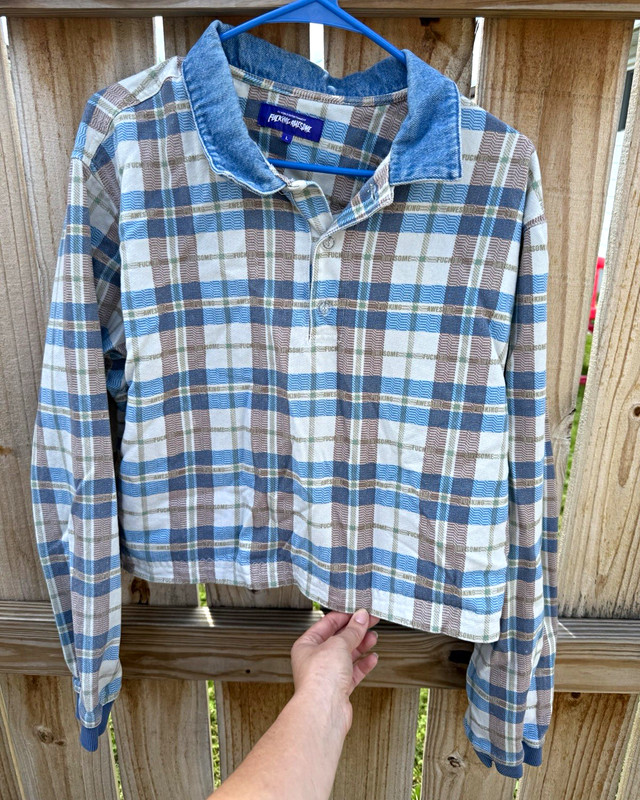 FA World Entertainment Men's Plaid Long Sleeve Button-Up Point Collar Size L