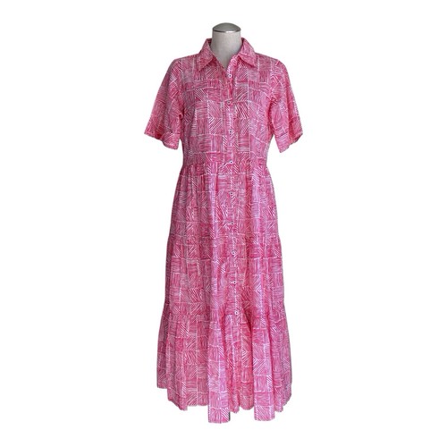 Dizzy Lizzie Midi Shirt Dress Size M Fuschia White Cotton Graphic Print Tiered