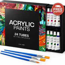 ACRYLIC PAINT SET TUBE 24 x 12ML, 3 FREE BRUSHES PERFECT FOR CANVAS WOOD CERAMIC