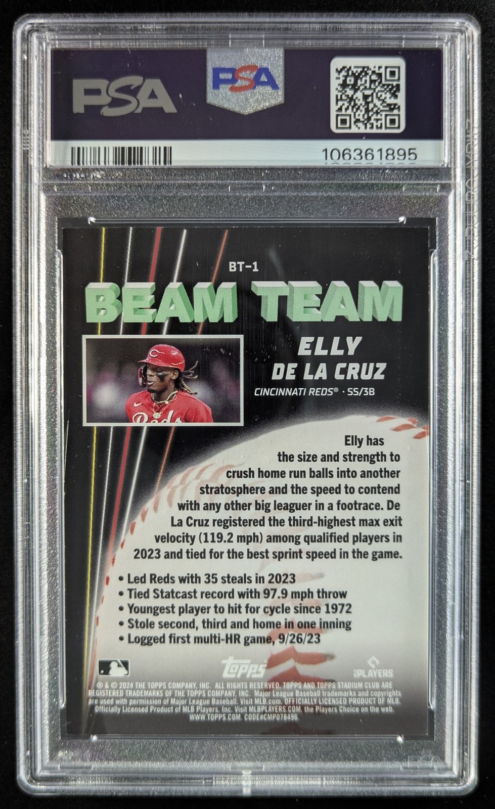 2024 Topps Stadium Club ELLY DE LA CRUZ Rookie RC Beam Team Reds #BT-1 PSA 8 view 2
