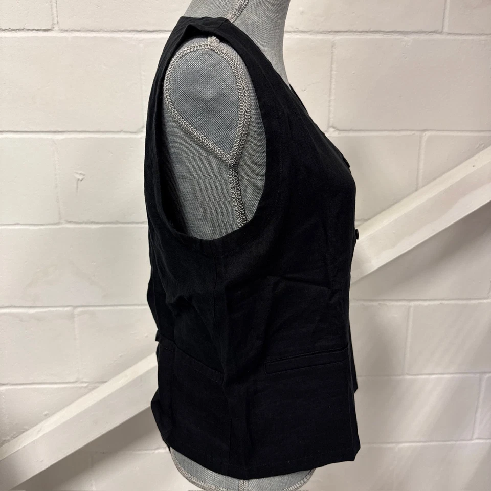 Eileen Fisher Black Organic Linen V-Neck Button Front Sleeveless Vest Size M NWT - Image 3 of 4
