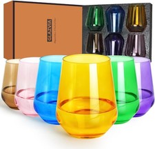 Set of 6 Multi Coloured Stemless Wine Glasses 435ml Dishwasher Safe Glass