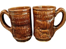 1920's Sunshine Dairy Products Stoneware Advertising Cow Mugs Rockingham Glaze