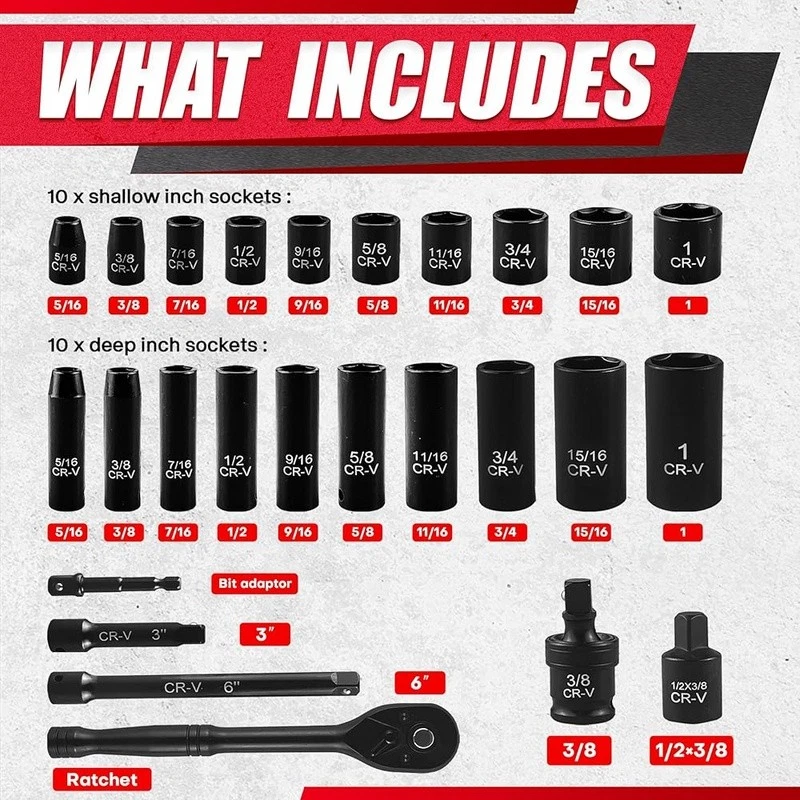 64 pcs 3/8" Socket Set Drive Impact Socket Set SAE/Metric Deep & Shallow 6 Point - Image 4 of 4