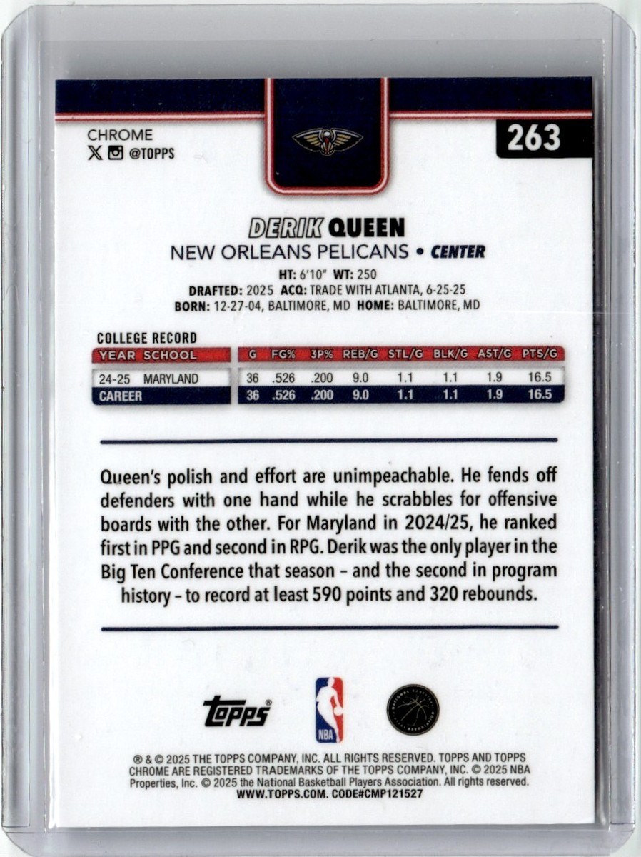 2025-26 Topps Chrome NBA X-Fractor Derik Queen RC New Orleans