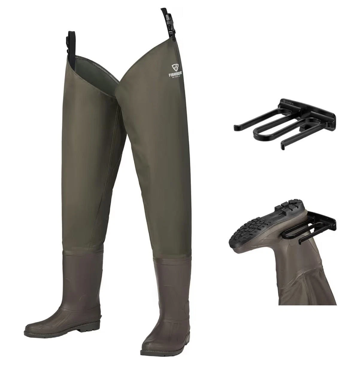 HISEA Bootfoot Hip Waders Mens 10 Green Nylon PVC Waterproof Fishing Boots