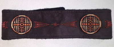 Vtg Bogner black suede ski headband warmer, fleece lining, embroidered medallion