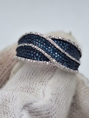 Sterling Silver Crossover Wave Ring, Natural Blue Diamond,  Size 6, Pave Band