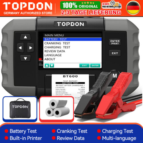 TOPDON BT600 12V/24V Batterietester Ankurbelungstests Ladetests mit Drucker 3.5' - Bild 1 von 12