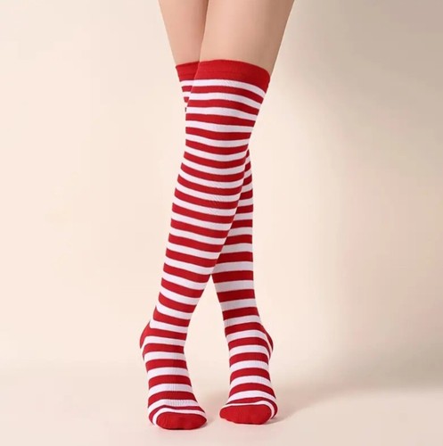 Classic Striped Thigh High Socks All-match Over The Knee Women's Red & White - Picture 3 of 5